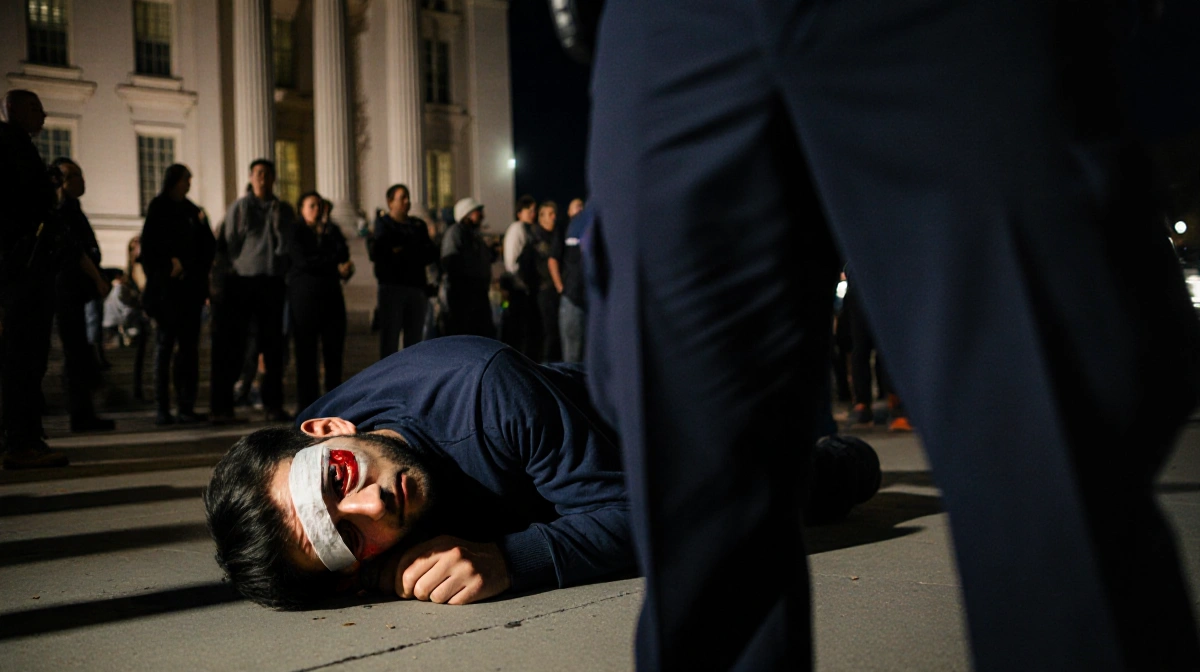 Injured protester lying on ground with bandaged eye and police officer standing nearby