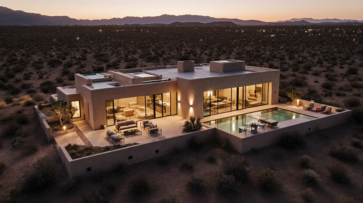 Modern glass house rises from Santa Fe desert with vintage 90s furniture and clean minimalist lines