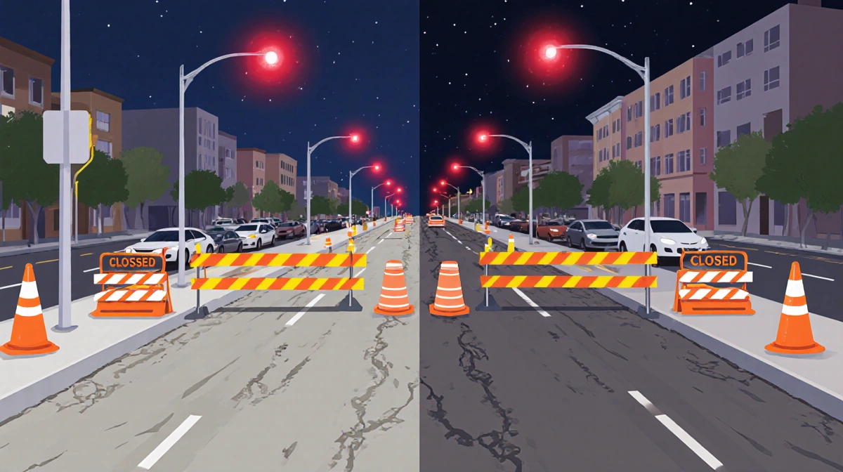 Split road closure showing construction cones and barricades blocking northbound and southbound lanes with city buildings beh