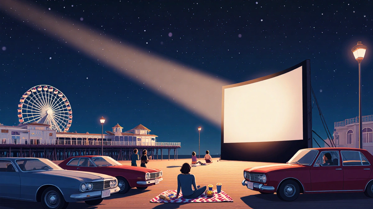 Drive-in movie night at Santa Monica Pier with large circular screen and Ferris wheel glowing behind parked cars