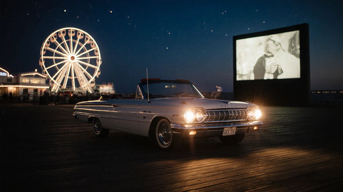 Vintage convertible parked under Santa Monica Pier Ferris wheel with drive-in movie screen showing classic film and twinkling