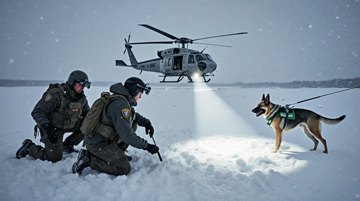 Search and rescue team member scanning frozen terrain with thermal imaging equipment while another works with K9 unit and hel
