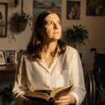 Sara Bennett cradles a worn journal with golden light on her face and family photos nearby