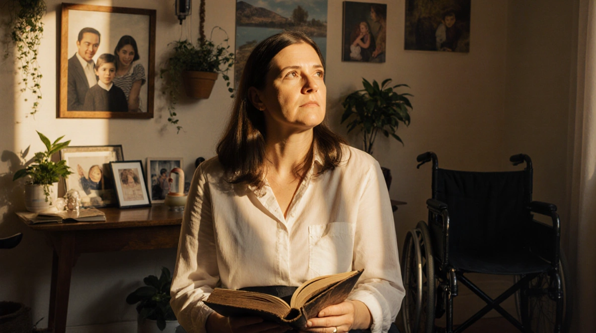 Sara Bennett cradles a worn journal with golden light on her face and family photos nearby