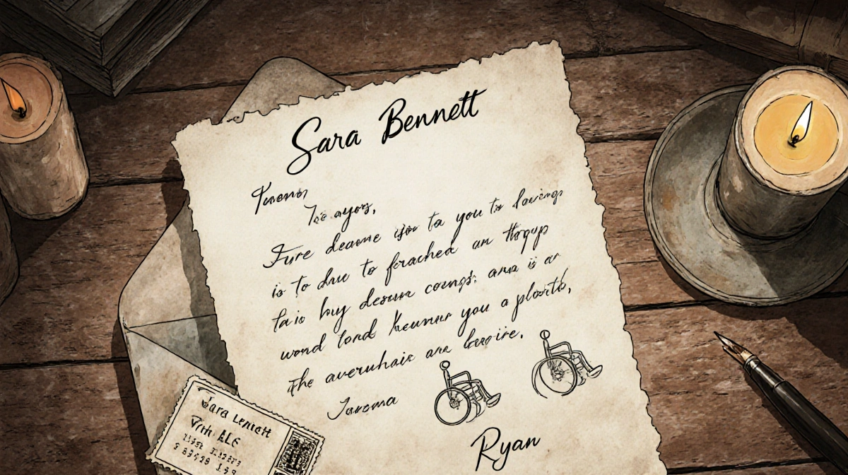 Sara Bennett's handwritten letter to Jack and Ryan rests on old wooden desk with flickering candle and vintage envelope