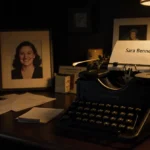 Vintage typewriter sits on desk with framed photo of Sara Bennett and scattered advocacy papers glowing in warm light