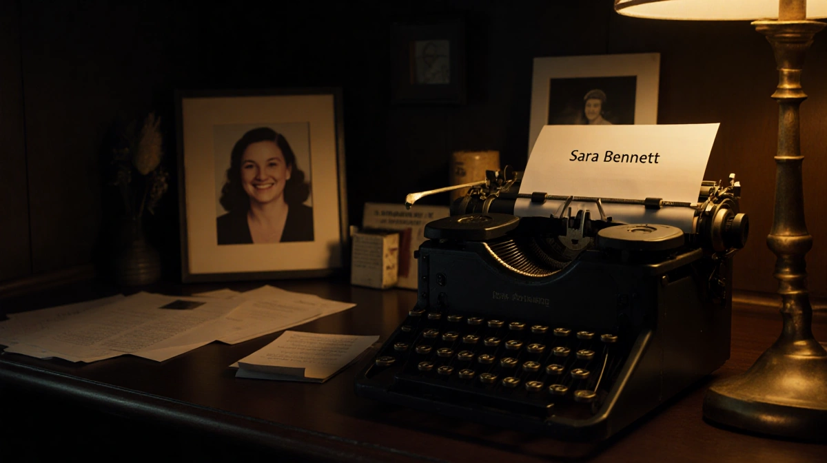 Vintage typewriter sits on desk with framed photo of Sara Bennett and scattered advocacy papers glowing in warm light