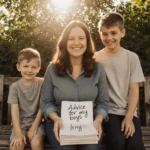 Sara Bennett sits on wooden bench with sons holding hands and letters marked