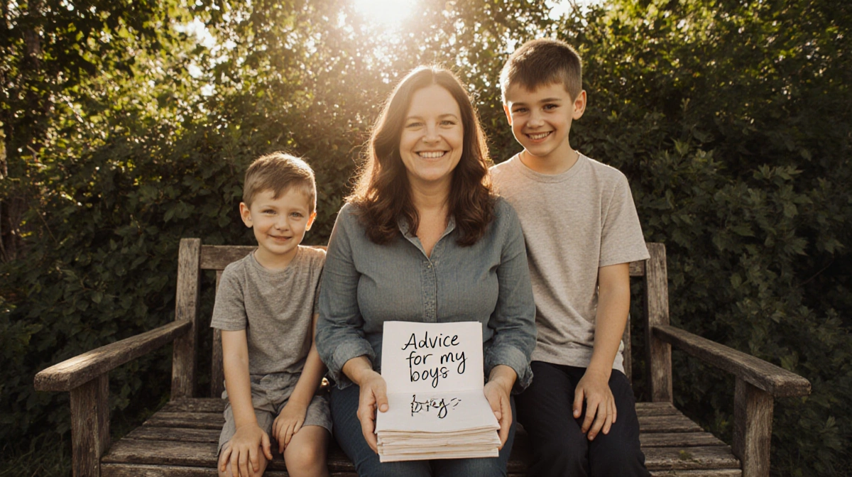 Sara Bennett sits on wooden bench with sons holding hands and letters marked