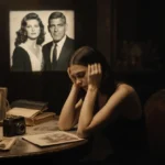 Sara Foster sits alone at vintage dinner table with old photos and books while ghostly images of Cindy Crawford and George Cl