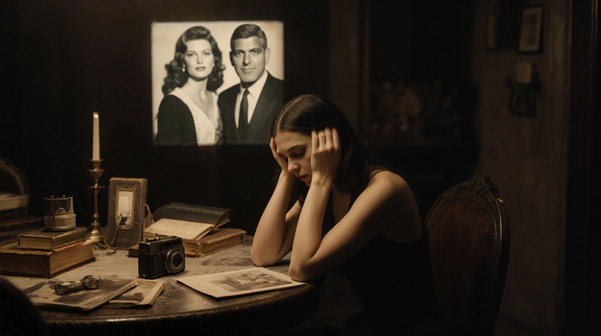 Sara Foster sits alone at vintage dinner table with old photos and books while ghostly images of Cindy Crawford and George Cl