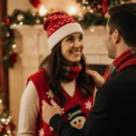 Sarah laughing as her fiancé playfully removes her red snowman sweater vest with festive holiday decorations behind them