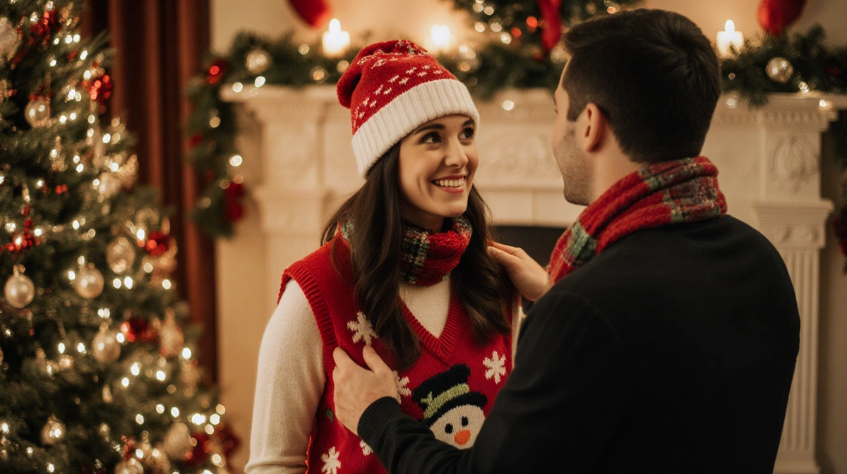 Sarah laughing as her fiancé playfully removes her red snowman sweater vest with festive holiday decorations behind them