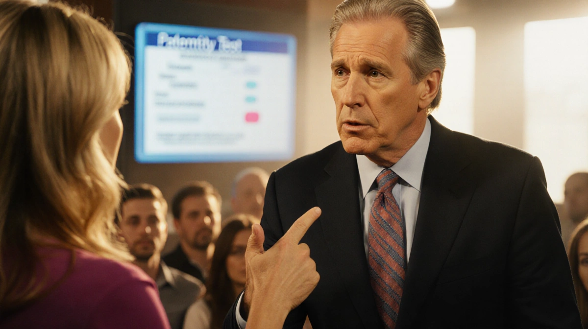 Sarah Haines questioning Maury Povich with paternity test results on blurred screen behind and shocked studio audience watchi