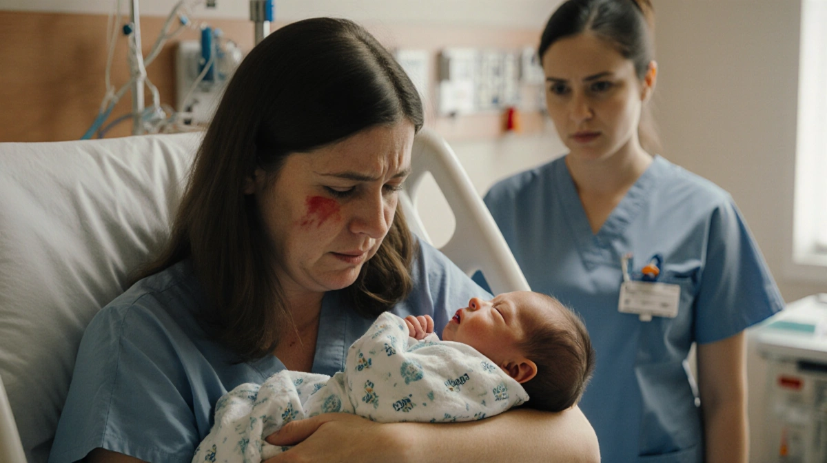 Sarah grieving while holding her deceased newborn twin with a concerned nurse standing nearby in hospital room