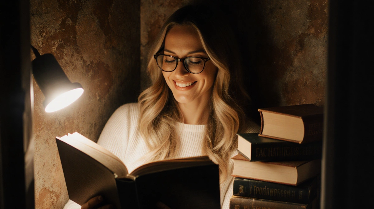 Sarah Jessica Parker smiles while reading books with glasses and soft lamplight in cozy nook