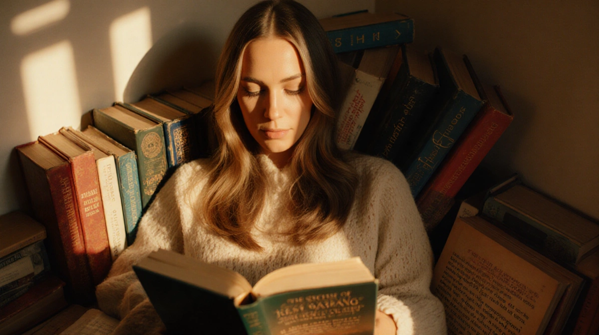 Sarah Jessica Parker reading in cozy nook with colorful books stacked around her and warm golden lighting