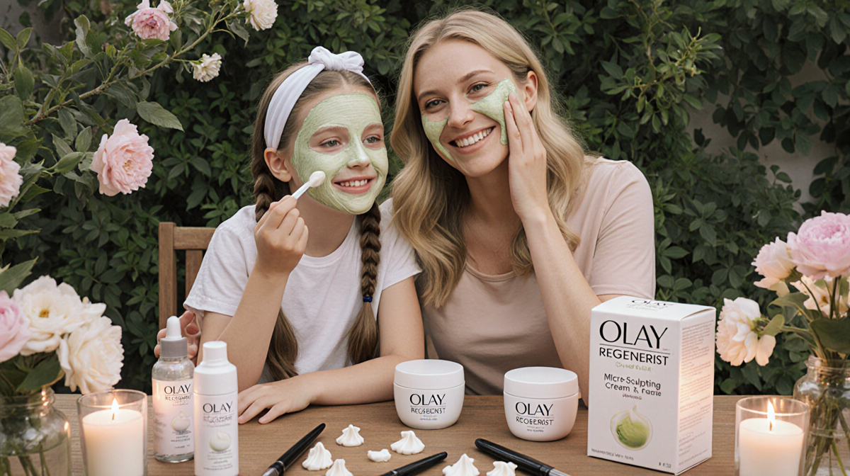 Sarah Michelle Gellar and daughter Charlotte apply facial masks with candles and Olay Regenerist cream on a wooden table.