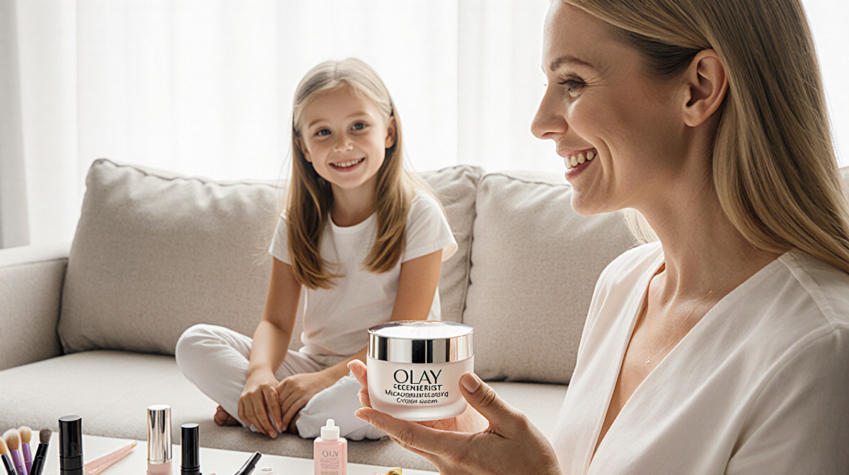 Sarah Michelle Gellar holding an Olay Regenerist cream jar with a gentle smile as she looks at her daughter on the couch