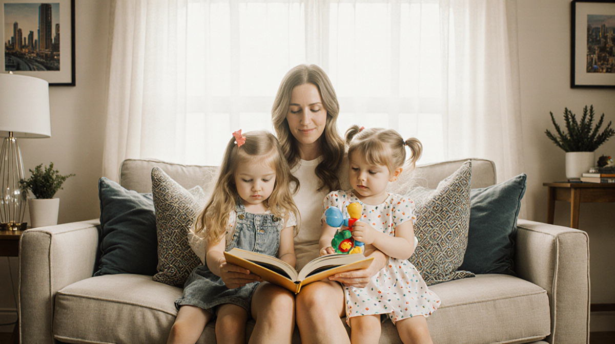 Sarah Rafferty hugs her daughters with a warm family portrait in a cozy living room