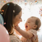 Sarah Snook holds her baby girl with colorful balloons and confetti in playful nursery