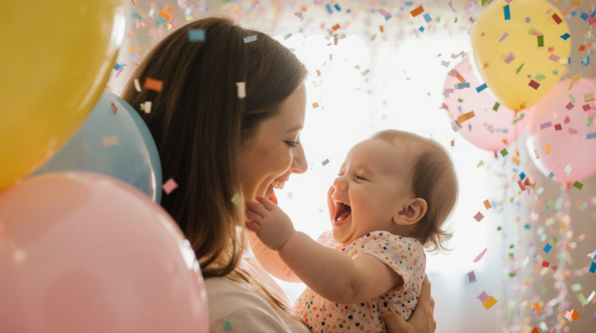 Sarah Snook holds her baby girl with colorful balloons and confetti in playful nursery