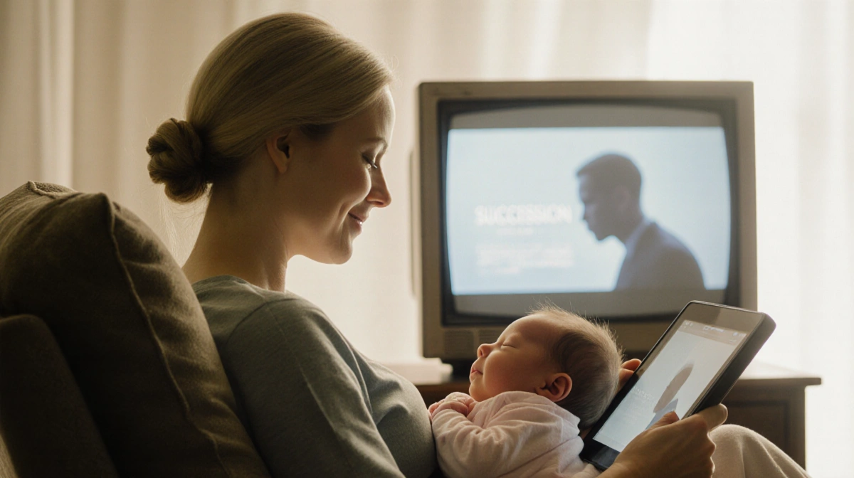 Sarah Snook sits on couch with newborn baby and Succession finale playing on TV behind