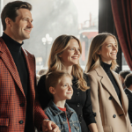 Actors Sarah Jessica Parker and Matthew Broderick hold hands with their three children in a portrait at Sardi