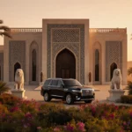Black SUV drives toward Saudi mansion with Islamic patterns and desert sunset behind