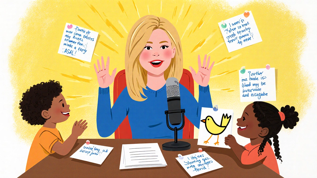 Savannah Guthrie signing ASL at desk with children