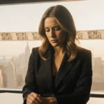 Savannah Guthrie stands with a microphone near an anchor desk under golden light with a determined expression news ticker bac