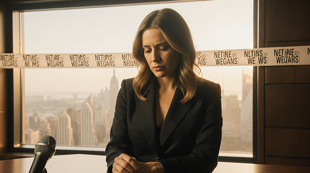 Savannah Guthrie stands with a microphone near an anchor desk under golden light with a determined expression news ticker bac