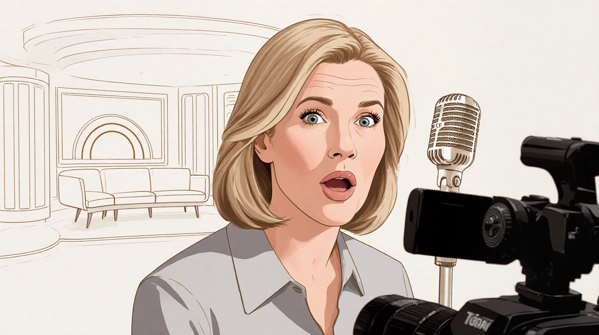 Savannah Guthrie shows surprised face before a camera with a microphone and faint Today set behind, voice recovery.