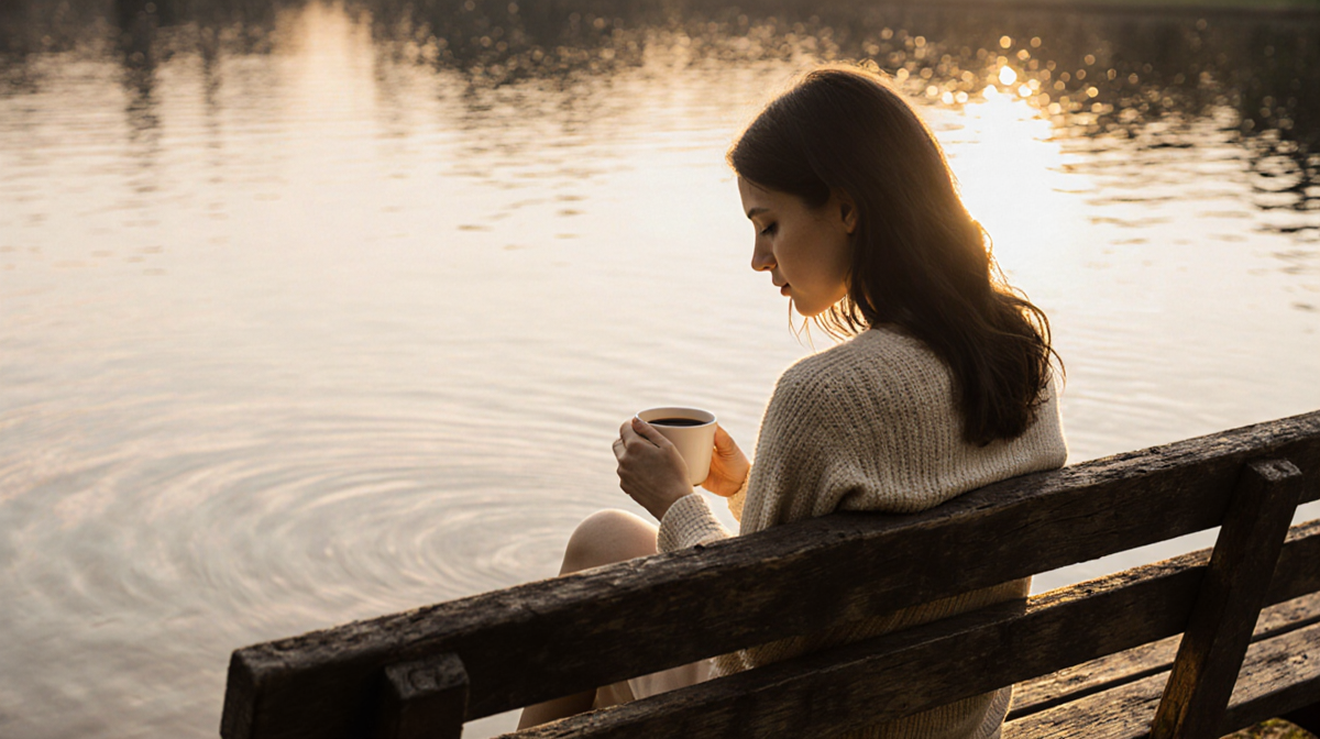Jensen Savannah Nichol sits on a worn wooden bench with golden dawn light and a cup of coffee beside calm lake