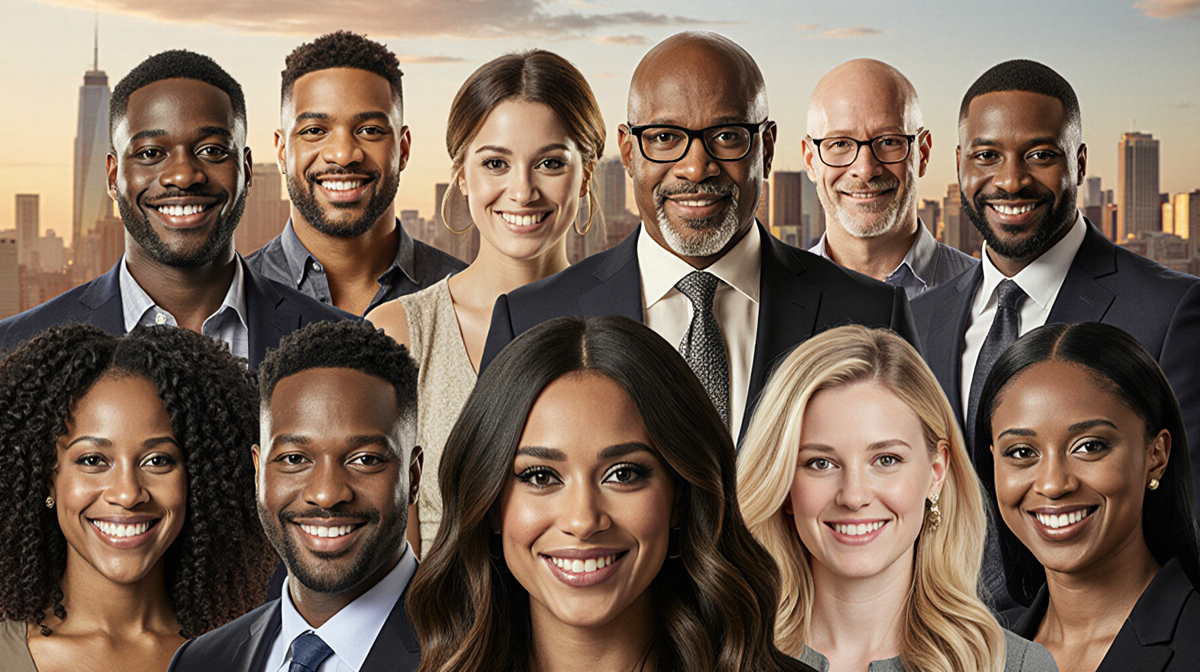 TV talent posing together with golden lighting celebrating community and blurred cityscape background.