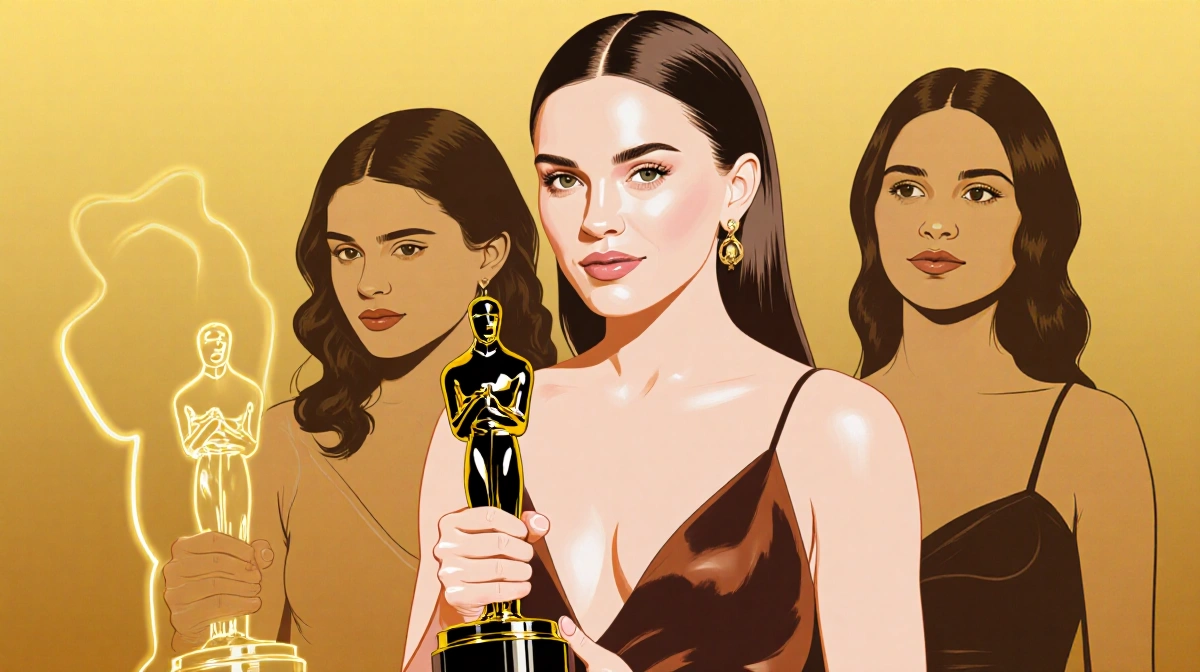 Scarlett Johansson holding Golden Globe award with Selena Gomez and Karla Sofía Gascón behind her and glowing Emilia Pérez ou