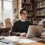 Scholar studying at wooden desk with laptop and books under warm window light