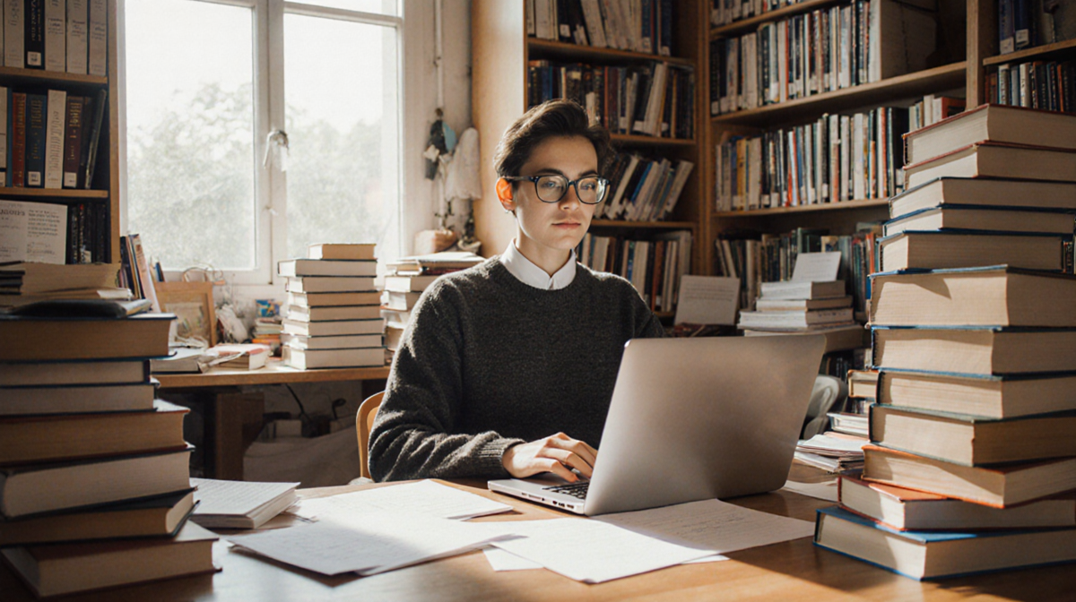 Scholar studying at wooden desk with laptop and books under warm window light