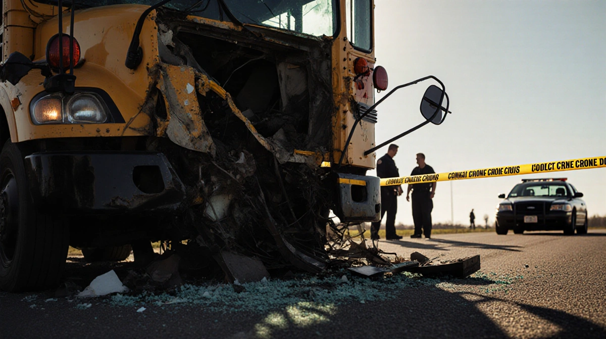 Crumpled school bus lies on rural roadside with shattered glass and emergency responders working near police car