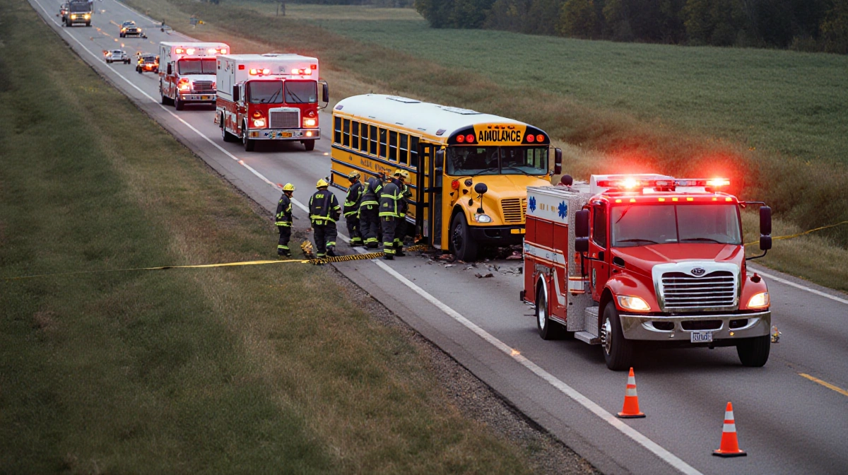 Emergency responders assist victims near overturned school bus with fire trucks and ambulances blocking rural Illinois road