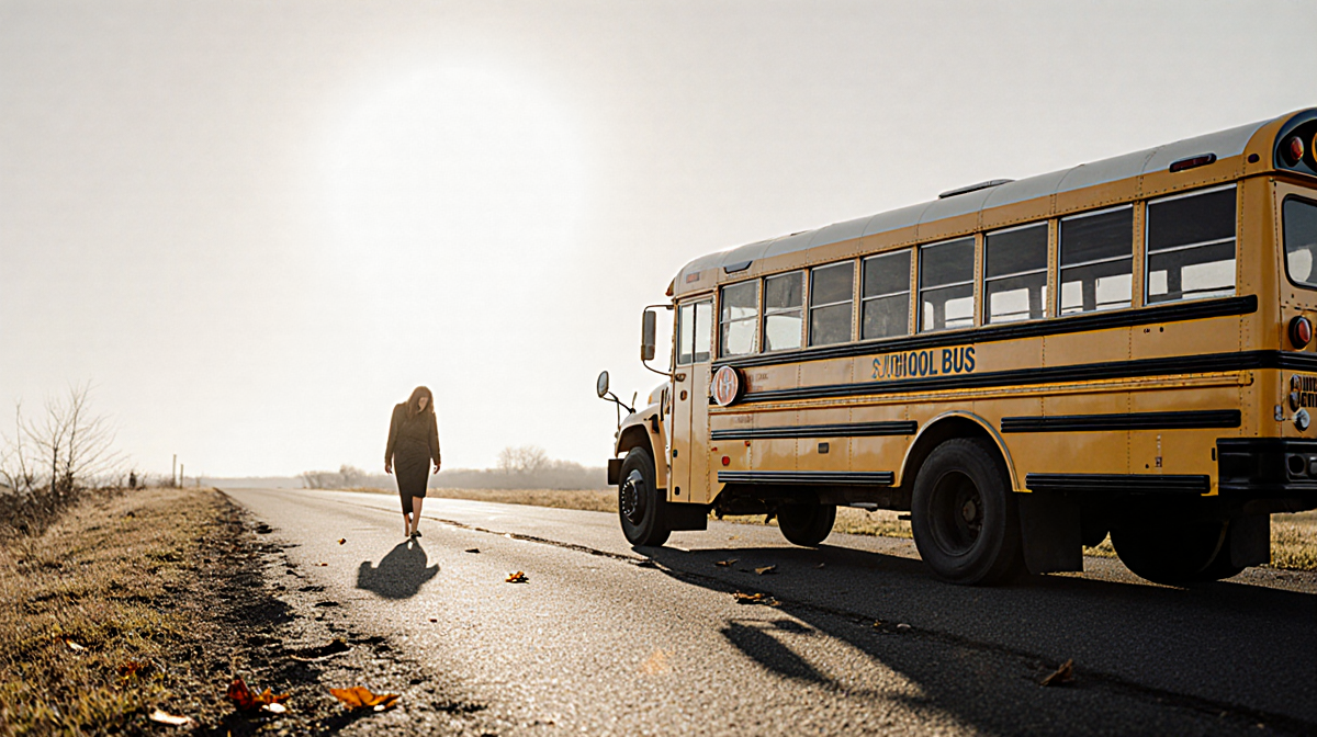 Grieving mother walking away from abandoned school bus with fading yellow paint and long shadows