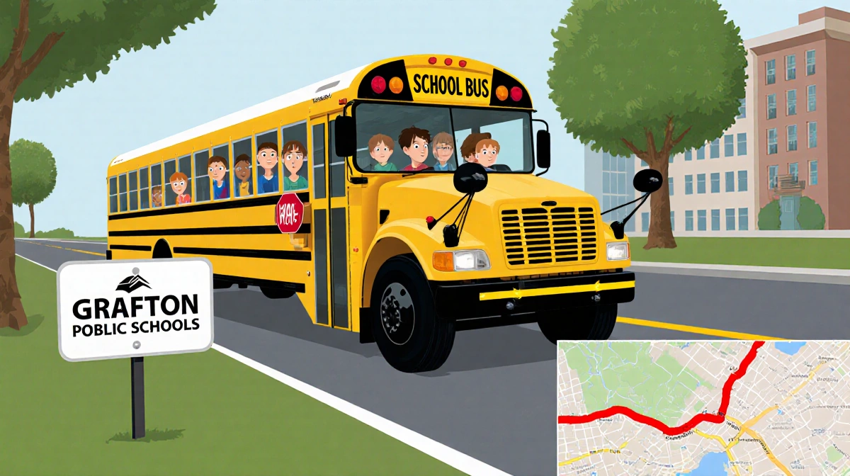 School bus driving off-route with confused students looking out windows and Grafton Public Schools sign showing detour