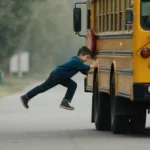 School bus safety message with text saying cannot create image showing child falling