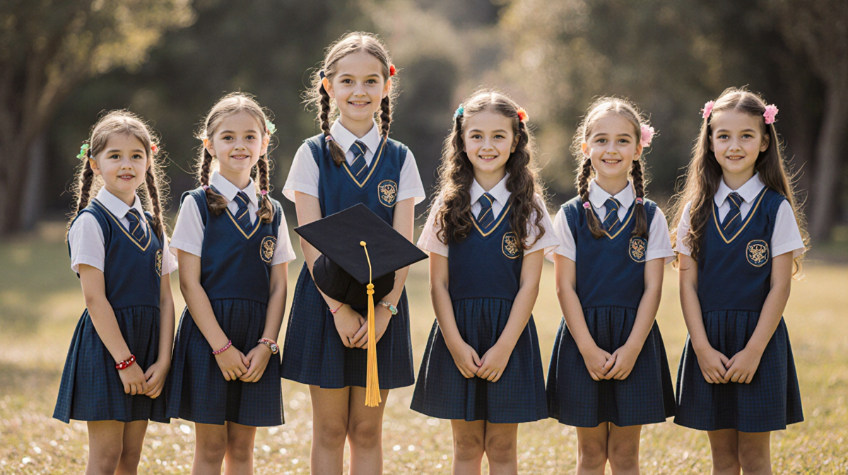 Six school girls standing clasped together Bria holds a graduation cap while younger girls line up in a soft background.