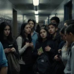 Students and teachers huddle in darkened hallway with lockers and door slightly open showing lockdown emergency