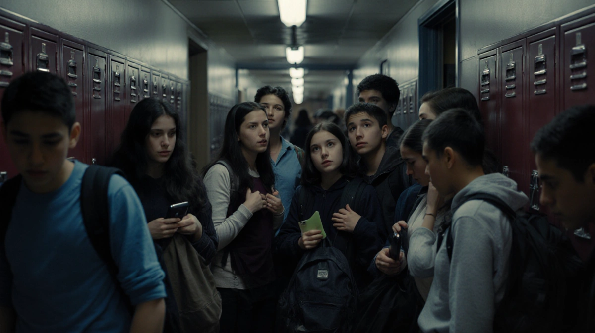 Students and teachers huddle in darkened hallway with lockers and door slightly open showing lockdown emergency
