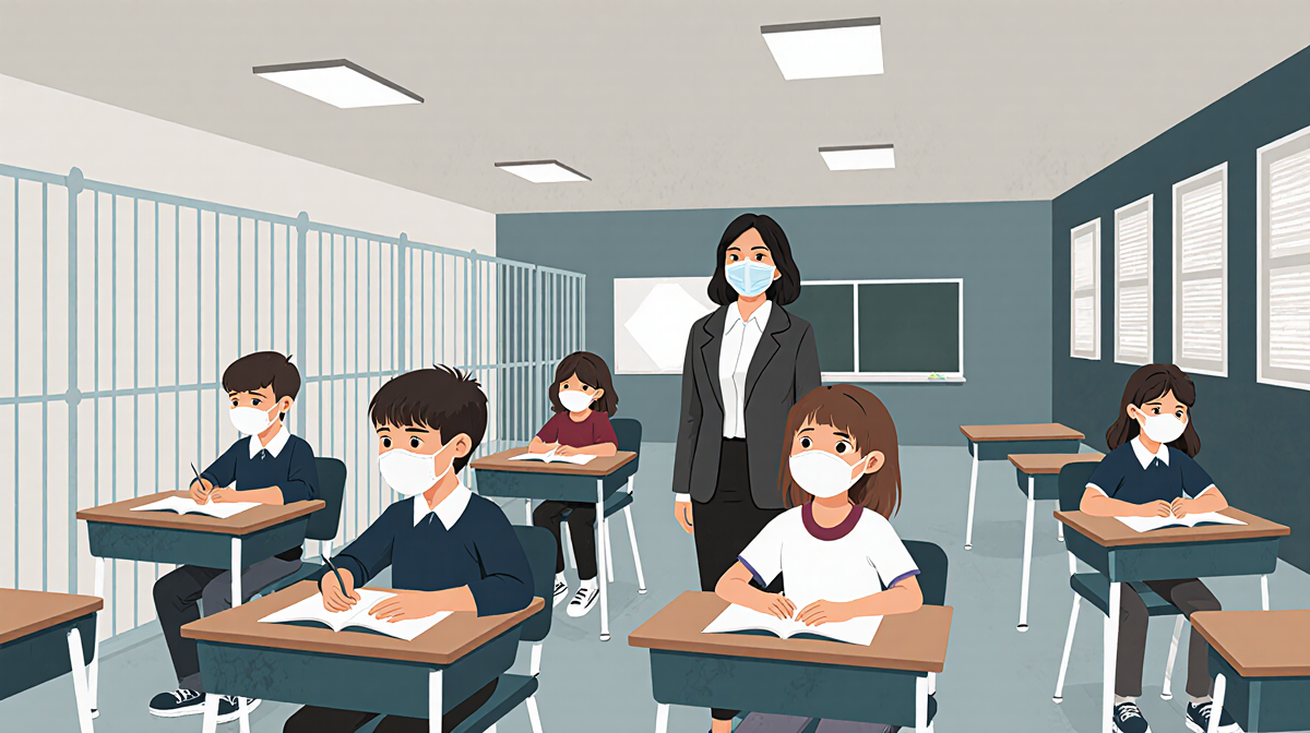 Teacher standing near quarantine area with students sitting alone and empty hallways.