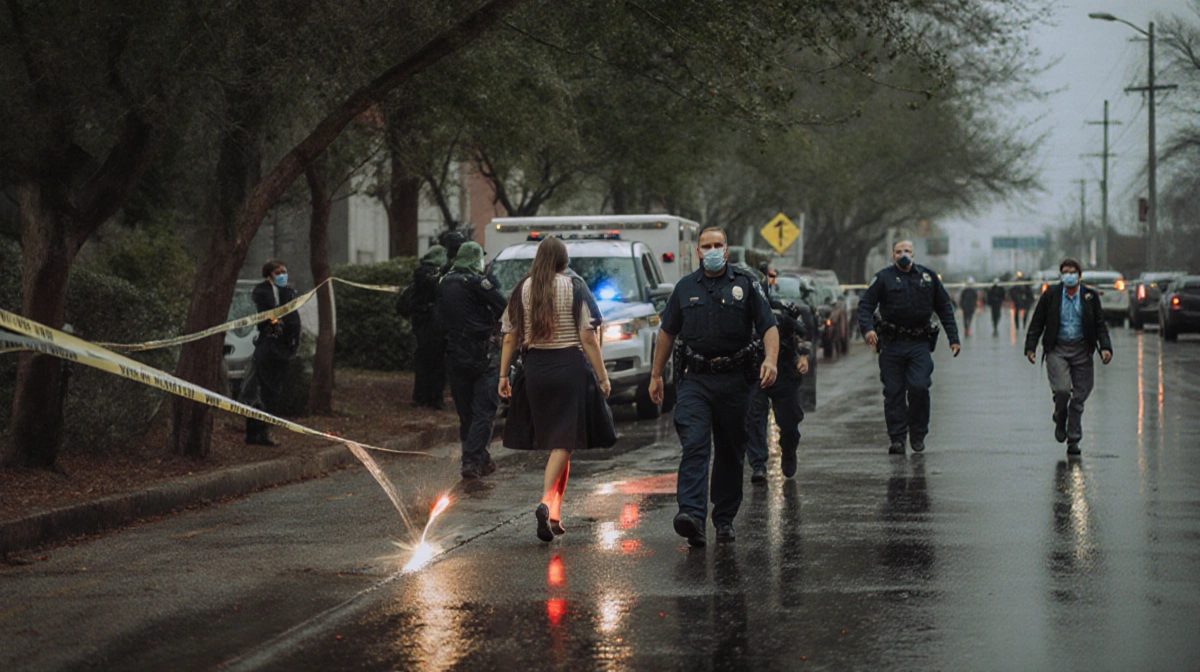 Students and teachers evacuating school building with emergency responders guiding them to safety