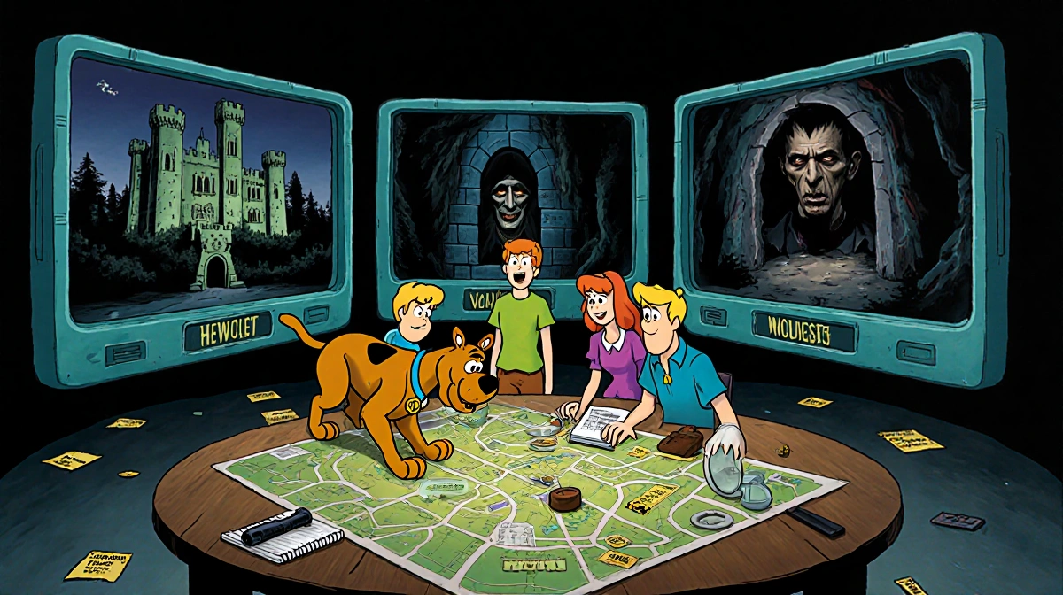 Scooby-Doo gang examining map with Frankenstein castle and Dracula crypt visible through studio windows