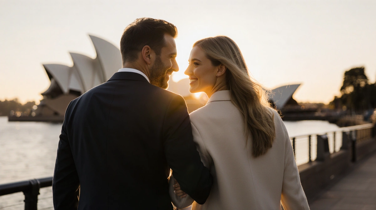 Scooter Braun and Sydney Sweeney walking hand in hand along Sydney harbor with Opera House in background at sunset